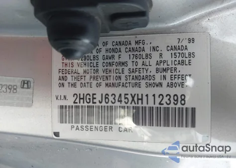 1999 Honda Civic Dx из США, поврежденный, VIN 2HGEJ6345XH112398